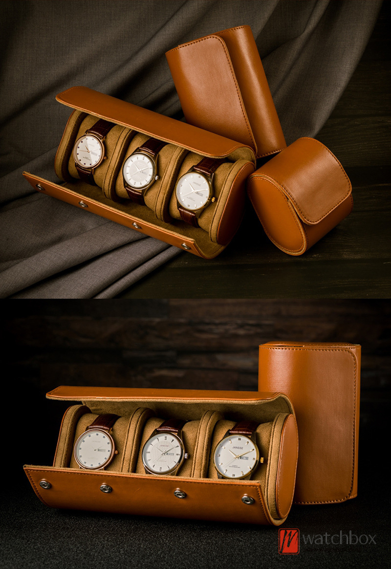 The portable coffee PU leather watch rolls jewelry case travel storage box