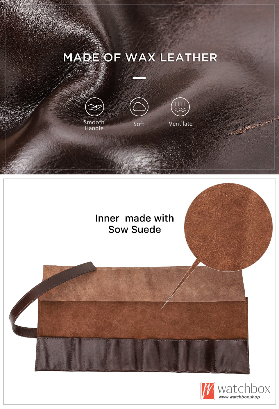 new vintage geunine wax leather 6 pockets watch case storage travel roll tied up bag organizer box	