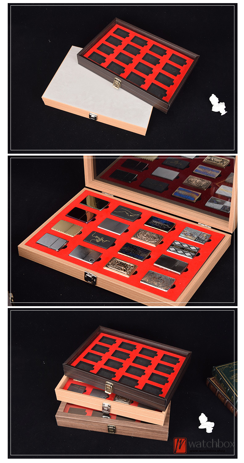 16 Grids Solid Wood Lighter Case Collection Organizer Storage Box Glass Dust-proof Display Box