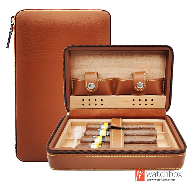 Cow Leather Zipper Cedar Wood Cigar Humidor Case Storage Travel Box