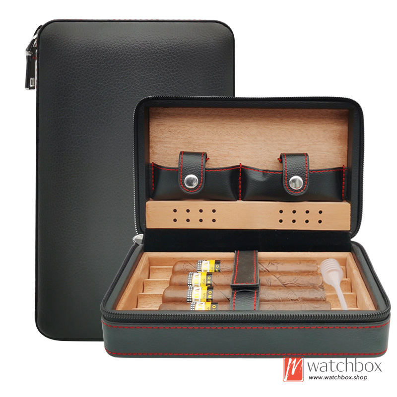Cow Leather Zipper Cedar Wood Cigar Humidor Case Storage Travel Box