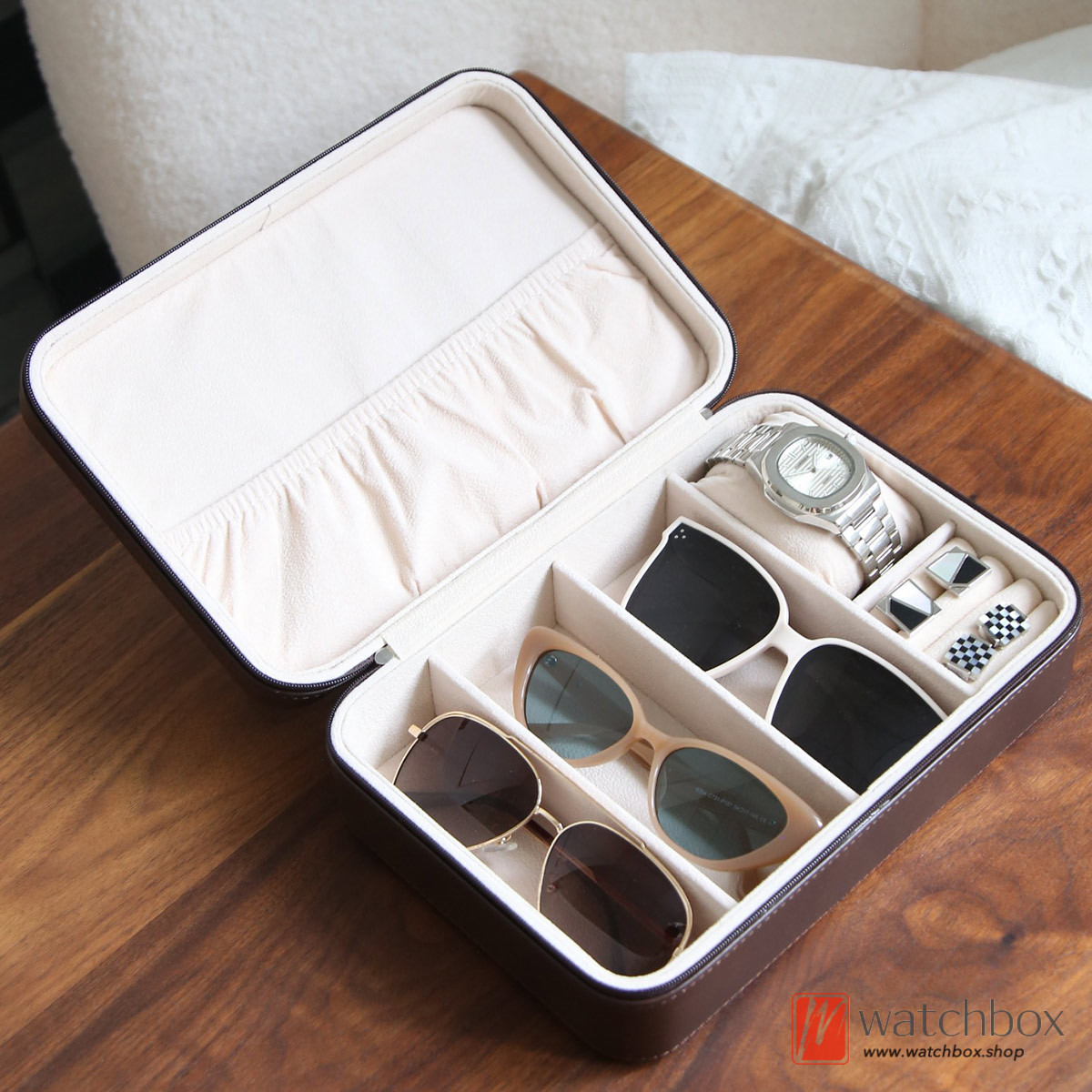 Portable Zip PU Leather Sunglasses Eyewear Case Watch Jewelry Ring Storage Organizer Travel Box