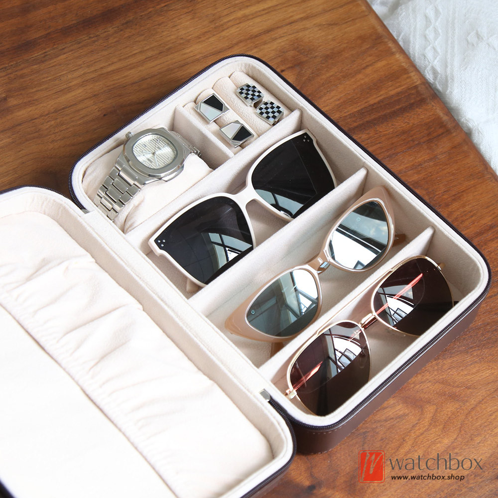 Portable Zip PU Leather Sunglasses Eyewear Case Watch Jewelry Ring Storage Organizer Travel Box
