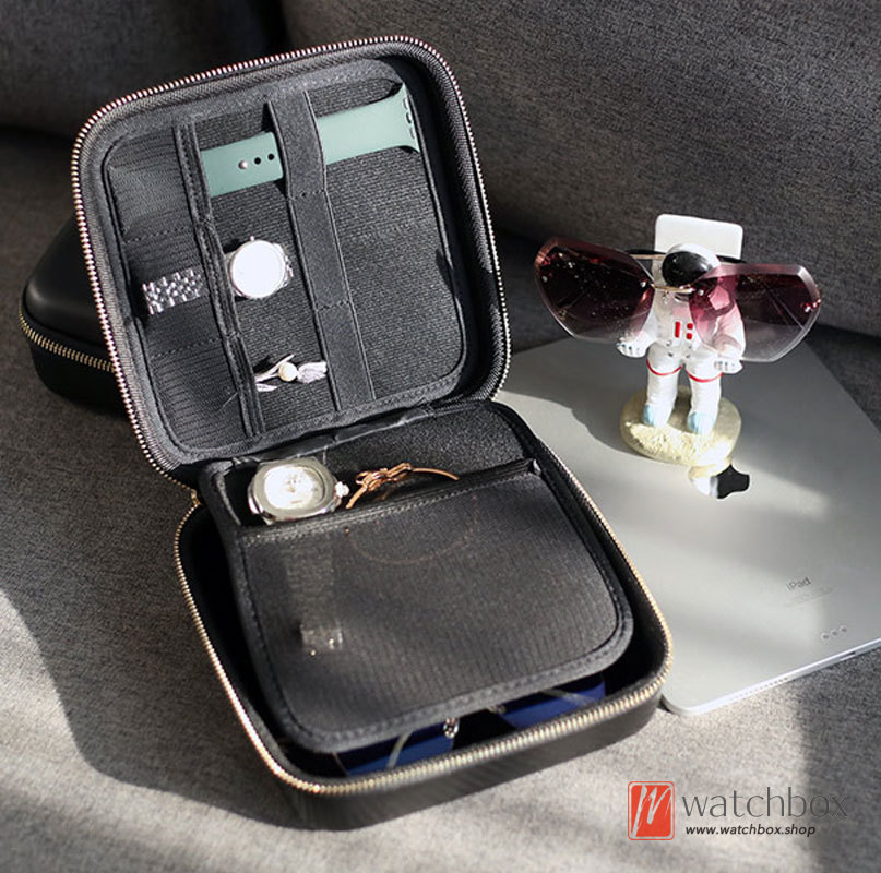 Portable Zip PU Leather 3 Grids Sunglasses Eyewear Case Watch Jewelry Storage Organizer Travel Box