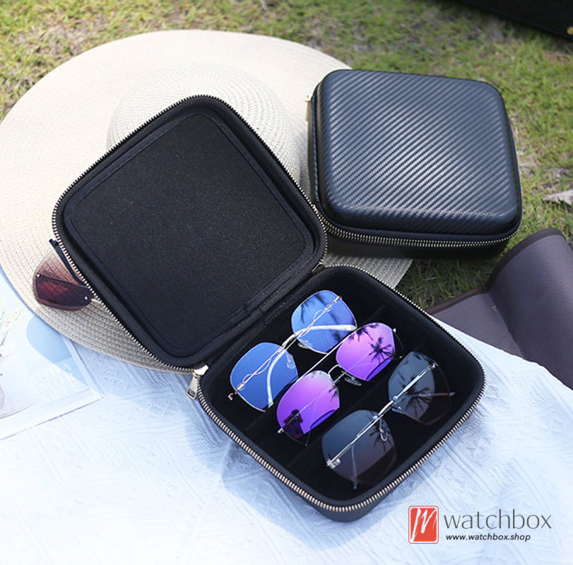 Portable Zip PU Leather 3 Grids Sunglasses Eyewear Case Watch Jewelry Storage Organizer Travel Box