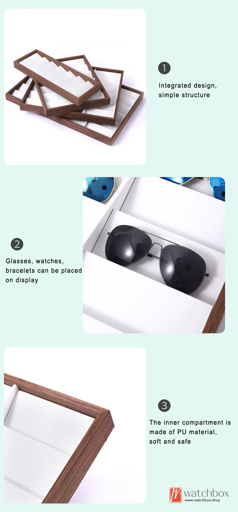 Walnut Wood Grain Glasses Sunglasses Bracelet Jewelry Case Storage Display Tray