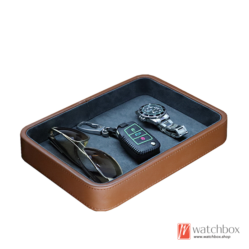 Genuine Leather Tray Jewlery Bracelet Ring Necklace Watch Case Display Desktop Organizer Storage Box