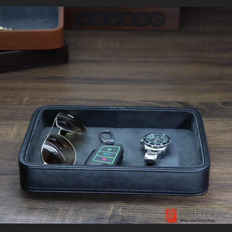 Genuine Leather Tray Jewlery Bracelet Ring Necklace Watch Case Display Desktop Organizer Storage Box