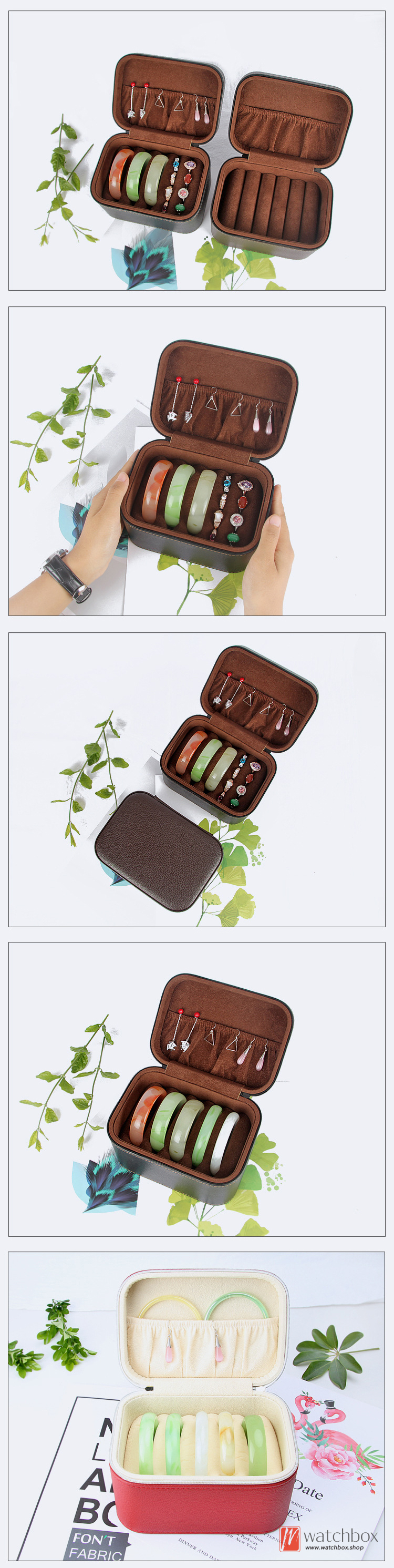 Microfiber Leather Zipper Bangle Rings Jade Bracelet Jewelry Case Storage Travel Box
