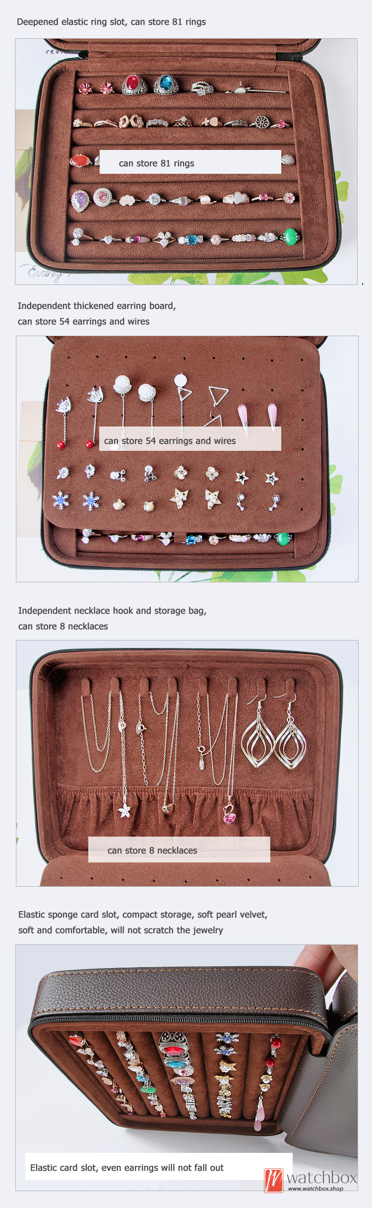 Microfiber Leather Multi-function Jewelry Case Rings Earrings Necklace Storage Organizer Box Travel  Zipper Box