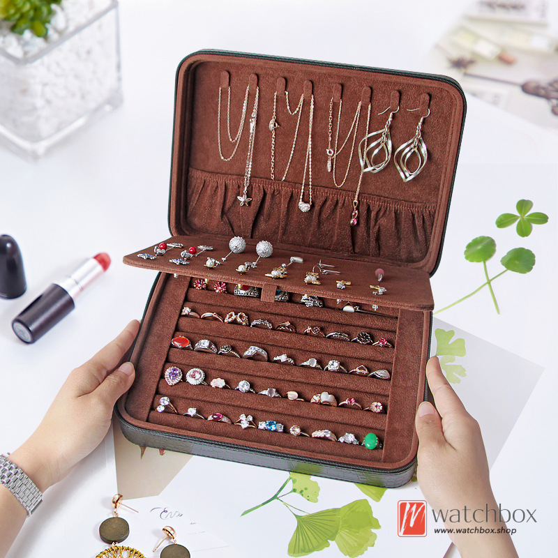 Microfiber Leather Multi-function Jewelry Case Rings Earrings Necklace Storage Organizer Box Travel  Zipper Box
