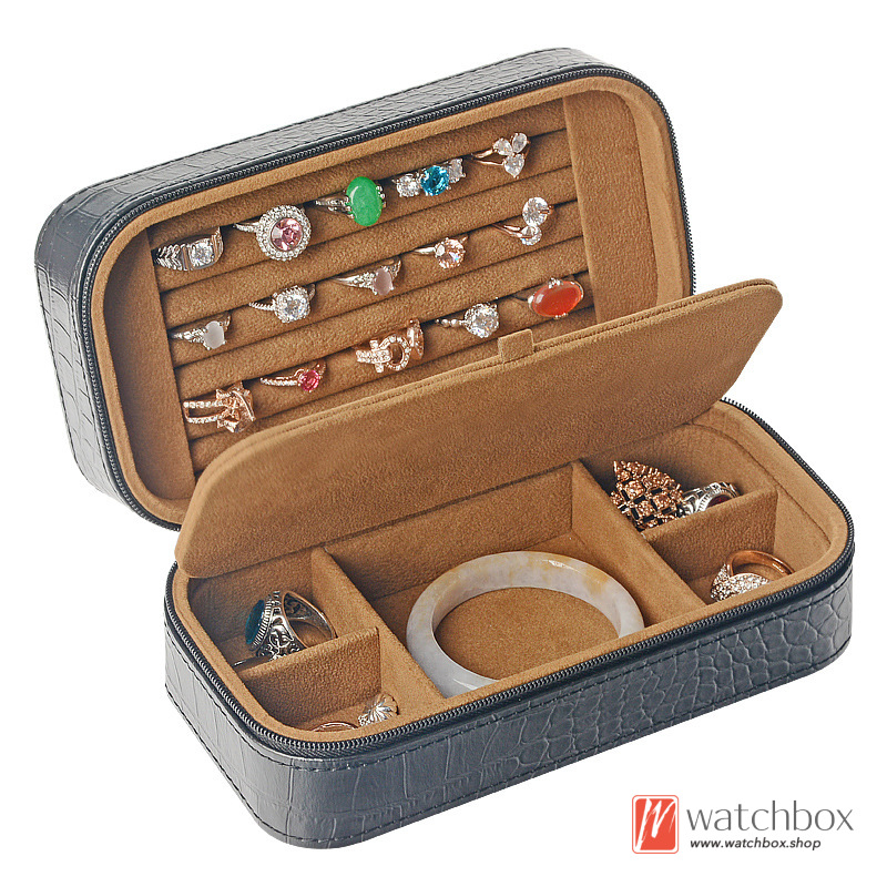 Portable Microfiber Leather Small Rings Jewelry Case Double Layer Storage Organizer Box Zipper Travel Box