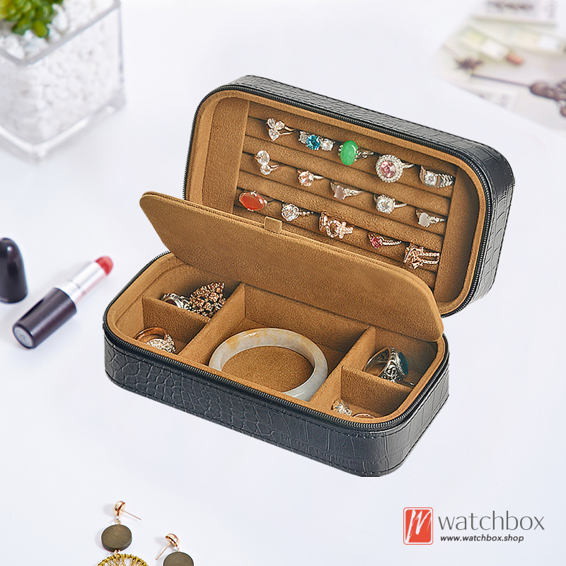 Portable Microfiber Leather Small Rings Jewelry Case Double Layer Storage Organizer Box Zipper Travel Box