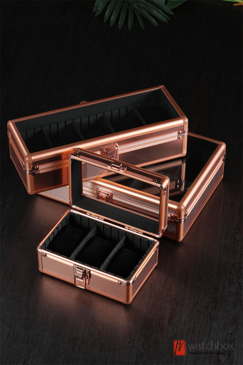 Top Quality 3 Grids Rose Gold Color Aluminum Alloy Watch Jewelry Case Storage Organizer Display Gift Box