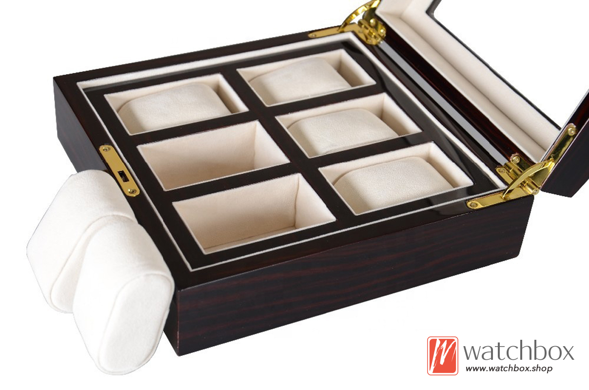 Top Quality 6 Slots Wood Paint Curved Glass Watch Jewelry Cases Storage Organizer Display Box Home Decoration