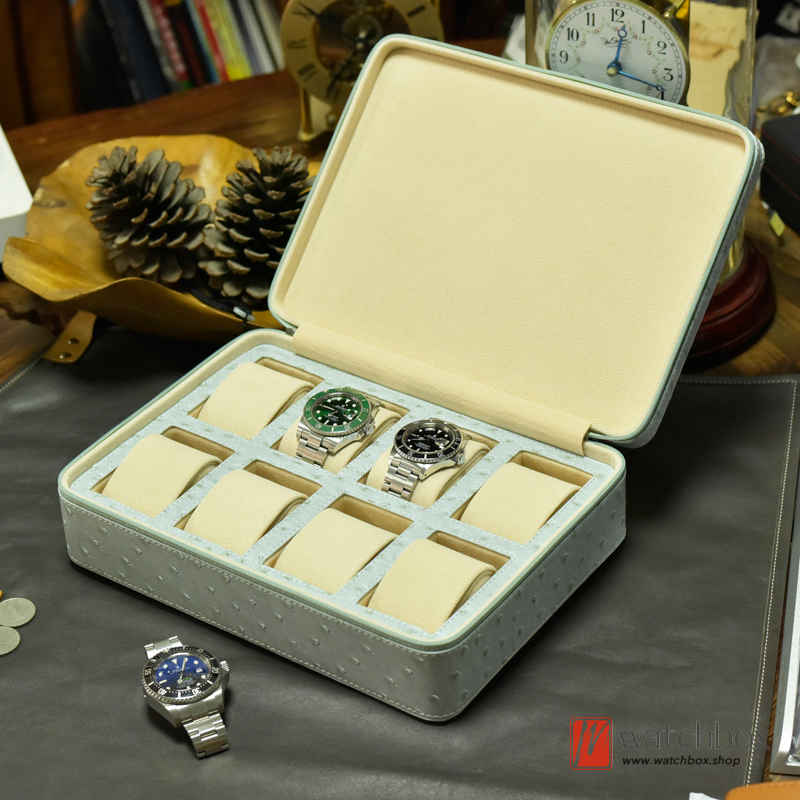 Ostrich Pattern PU Leather Zipper Watch Case Storage Organizer Travel Box