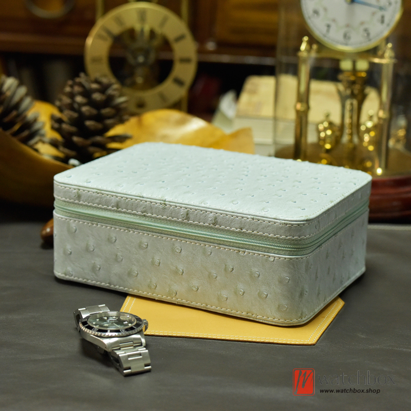 Ostrich Pattern PU Leather Zipper Watch Case Storage Organizer Travel Box