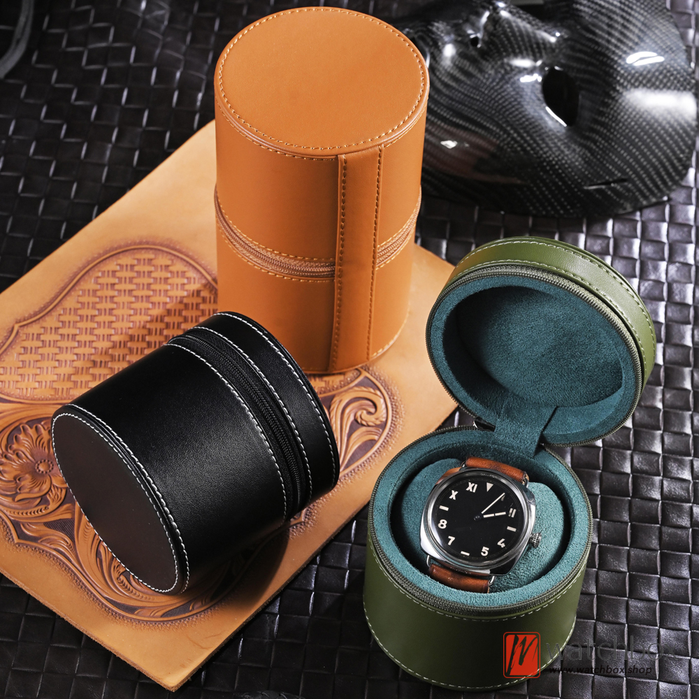 Single Round Zipper Leather Watch Case Storage Travel Box
