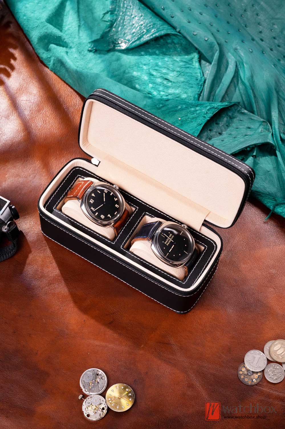 Portable Zipper Green Geunine Cow Leather Watch Case Storage Organizer Travel Box