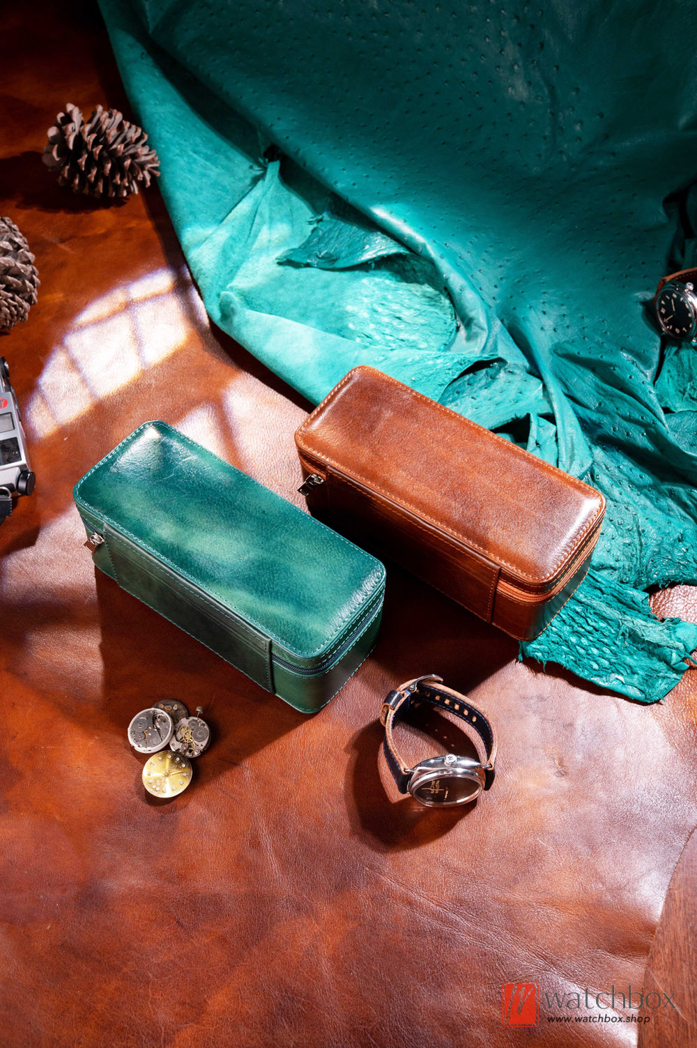 Portable Zipper Green Geunine Cow Leather Watch Case Storage Organizer Travel Box