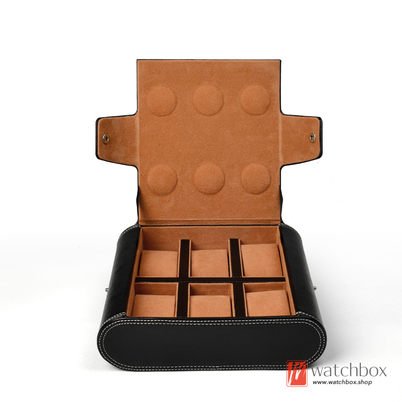 Black PU Leather 6 Grids Watch Jewelry Case Organizer Storage Travel Gift Box