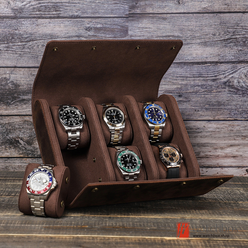 Vintage 6 Slots Brown Crazy Horse Cowhide Leather Watch Jewelry Case Storage Organizer Travel Gift Box