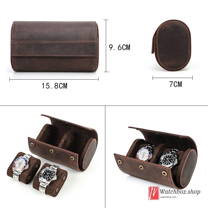 Vintage 2 Slots Outdoor Travel Crazy Horse Cowhide Leather Watch Jewelry Case Storage Organizer Gift Box