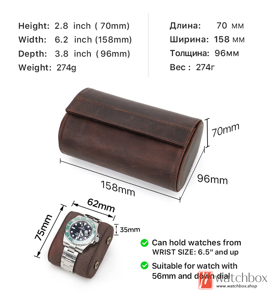 Vintage 2 Slots Outdoor Travel Crazy Horse Cowhide Leather Watch Jewelry Case Storage Organizer Gift Box