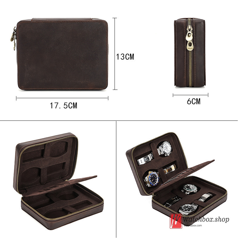 Vintage Crazy Horse Cowhide Leather Outdoor Travel 4 pieces Watch Jewelry Case Storage Zipper Gift Box