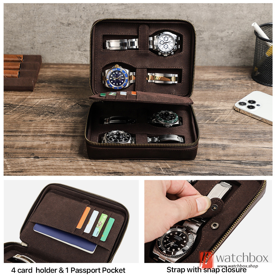 Vintage Crazy Horse Cowhide Leather Outdoor Travel 4 pieces Watch Jewelry Case Storage Zipper Gift Box