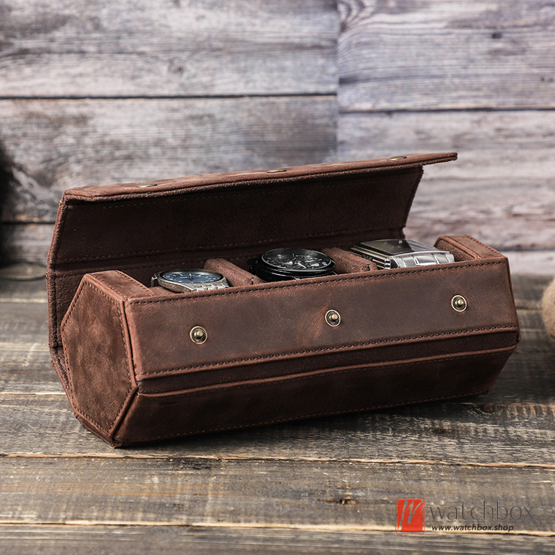 Vintage Diamond Crazy Horse Cowhide Leather 3 Pieces Watch Jewelry Case Storage Outdoor Travel Gift Box
