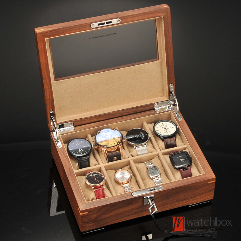 Retro 8 Grids Walnut Solid Wood Watch Jewelry Case Storage Organizer Box With Lock