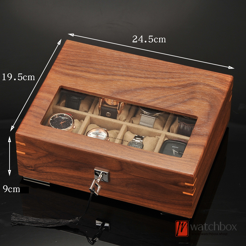 Retro 8 Grids Walnut Solid Wood Watch Jewelry Case Storage Organizer Box With Lock