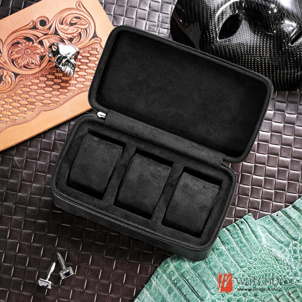 Fashion Sport 3 Grids Zipper Leather Watch Jewelry Case Storage Organizer Travel Box