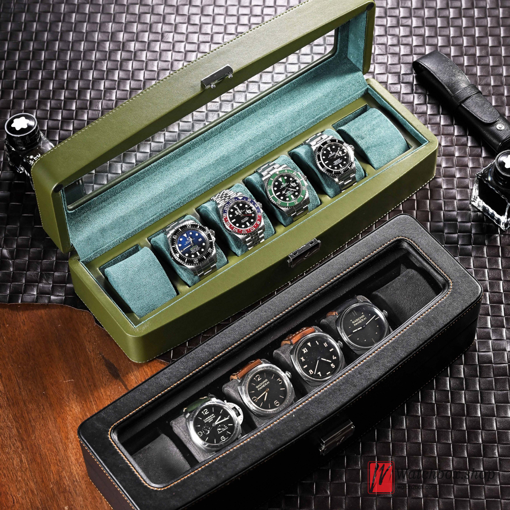 6 Grids Watch Jewelry Case Organizer Lock Storage Leather Glass Display Box Home Decoration