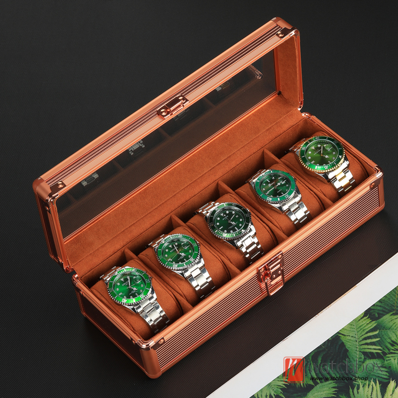 New Rose Gold Color Aluminum Alloy Glass Watch Jewelry Case Storage Organizer Display Gift Box