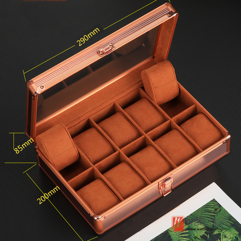 New Rose Gold Color Aluminum Alloy Glass Watch Jewelry Case Storage Organizer Display Gift Box