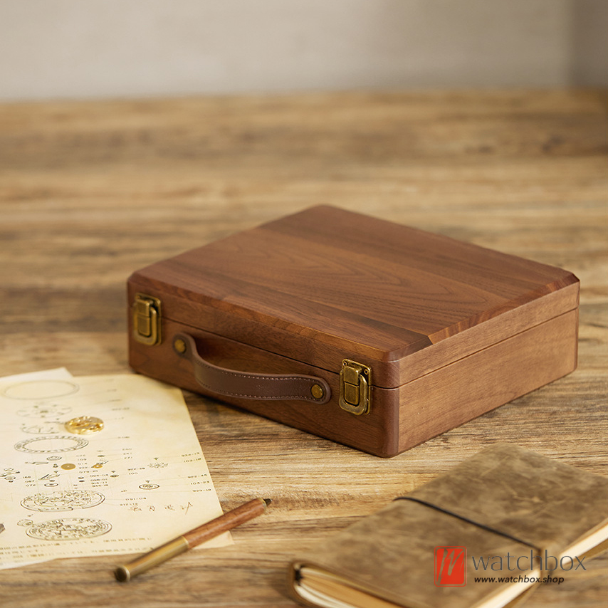 Premium Quality Vintage Solid Black Walnut Wood Suitcase Watch Box Jewelry Storage Travel Display Box