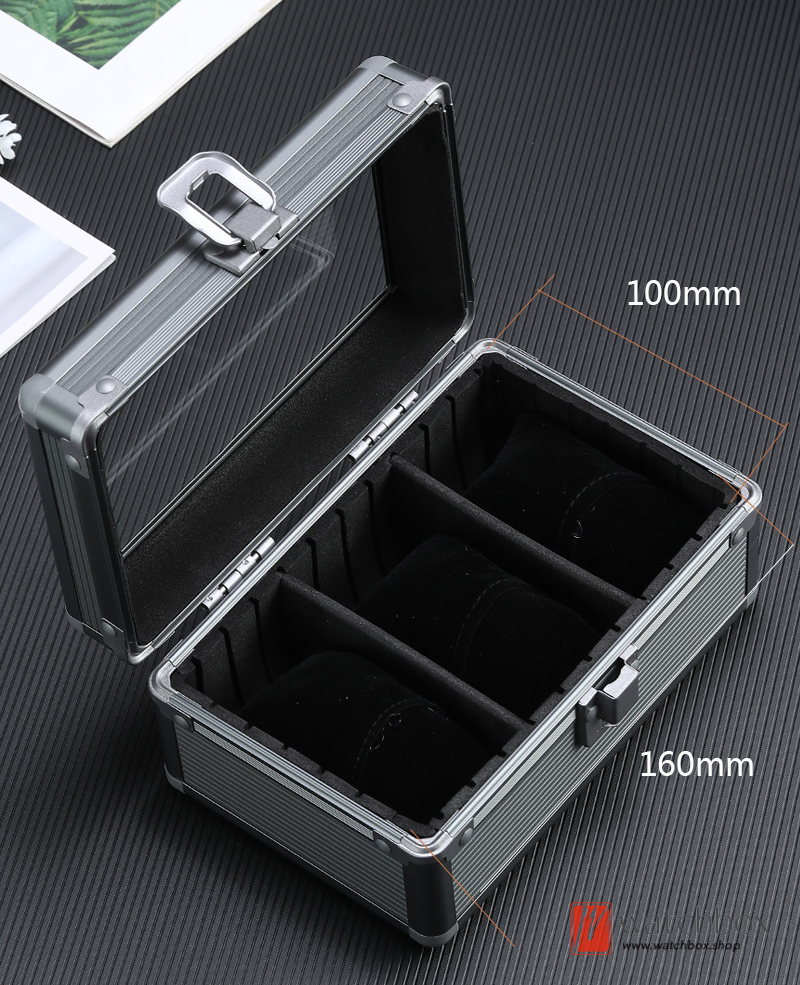 New Arrival Grey Color Aluminum Alloy Metal Soft Pillows Glass Watch Jewelry Case Storage Organizer Display Gift Box
