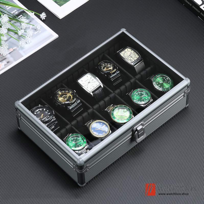 New Arrival Grey Color Aluminum Alloy Metal Soft Pillows Glass Watch Jewelry Case Storage Organizer Display Gift Box