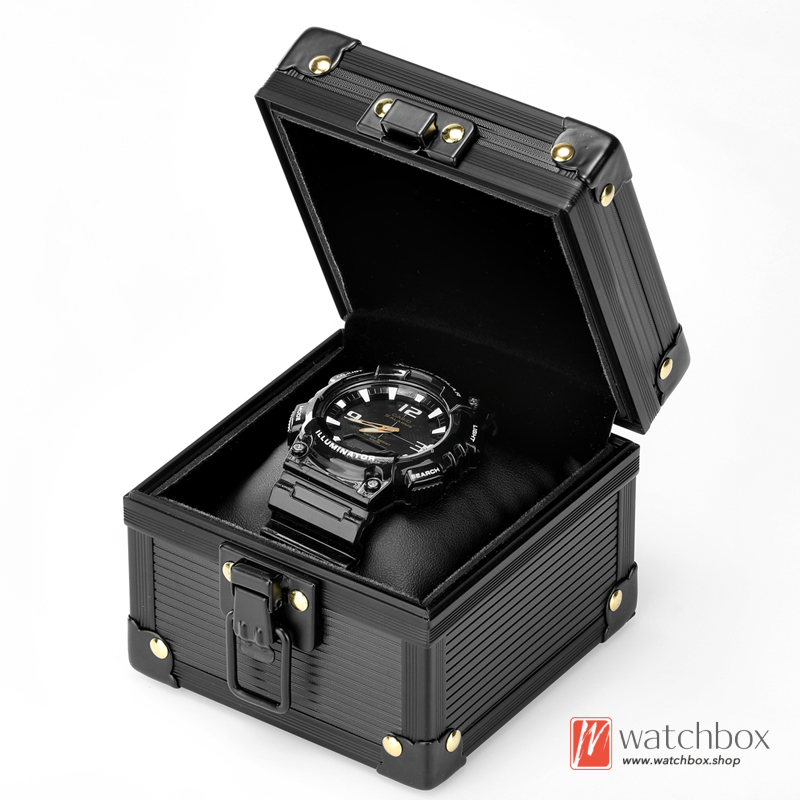 Single Square Black Aluminum Alloy Golden Rivets Soft Pillow Sport Watch Jewelry Case Storage Travel Box Gift Box
