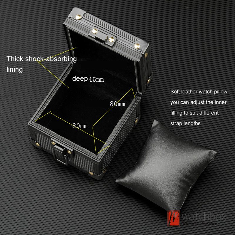 Single Square Black Aluminum Alloy Golden Rivets Soft Pillow Sport Watch Jewelry Case Storage Travel Box Gift Box
