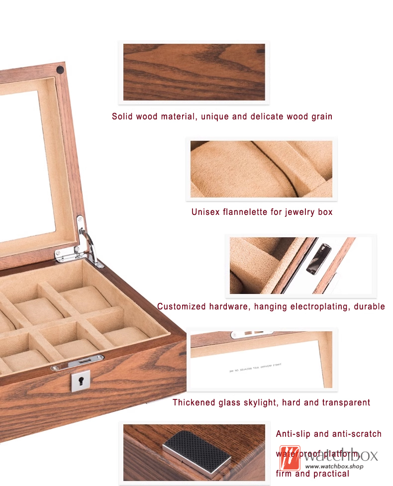Handmade American Ash Pure Solid Wood Watch Jewelry Case Storage Collection Glass Skylight Display Box