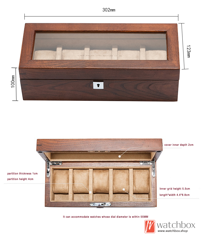 Elm Solid Wood Glass Window 5 Grids Watch Case Jewelry Storage Display Organizer Box With Lock