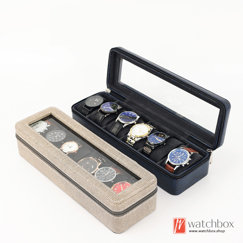 6 Grids Crocodile Pattern PU Leather Watch Case Storage Travel Box Zipper Organizer Box Gift