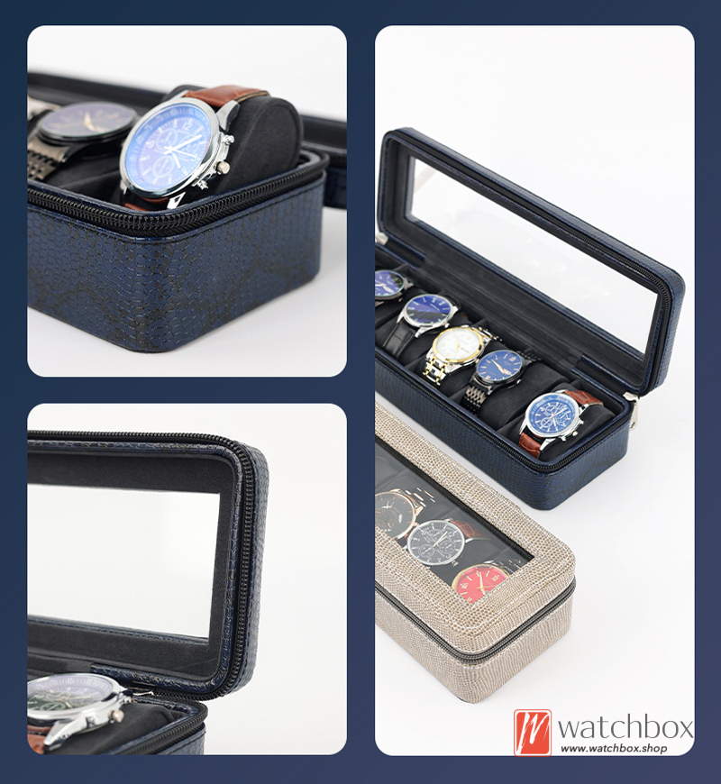 6 Grids Crocodile Pattern PU Leather Watch Case Storage Travel Box Zipper Organizer Box Gift