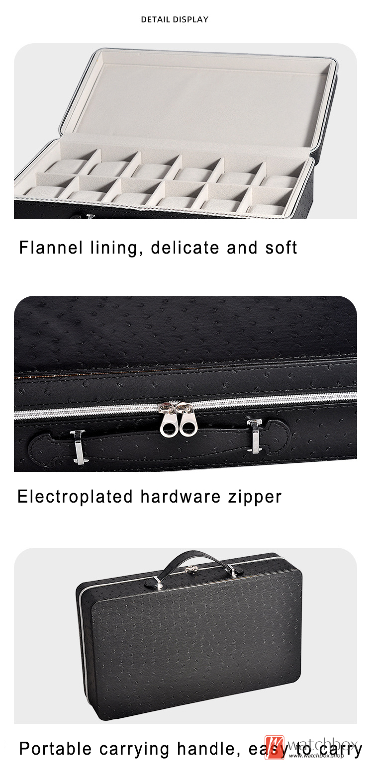 Ostrich Grain PU Leather Watch Case Storage Box Portable Travel Watch Organizer Zipper Bag