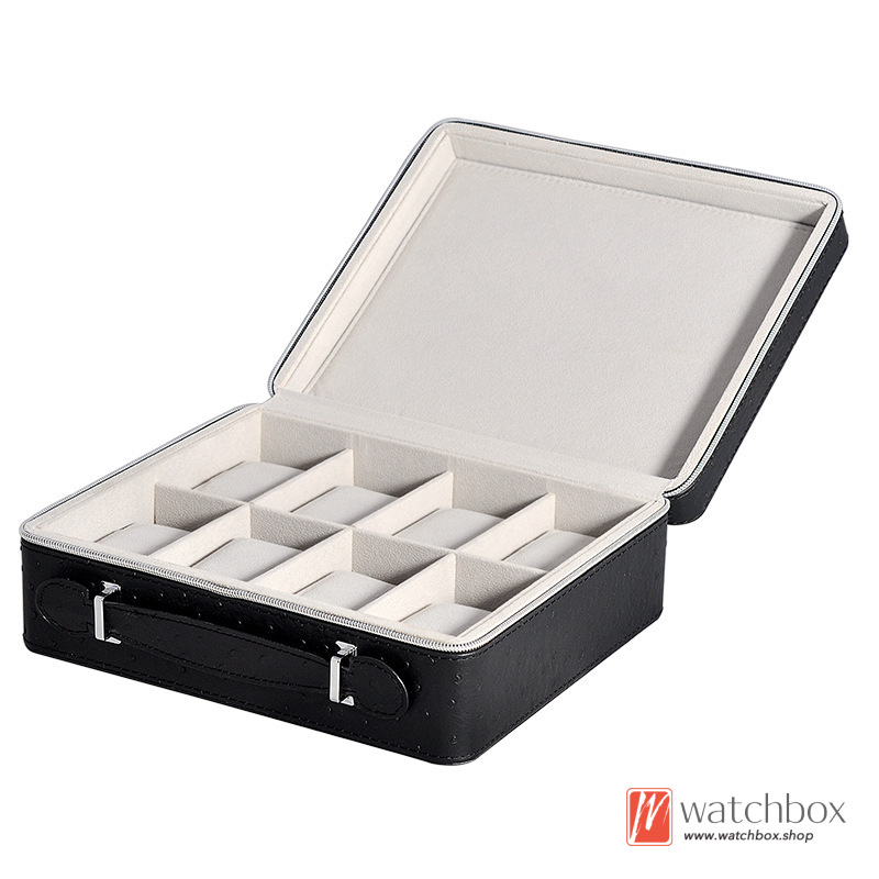 Ostrich Grain PU Leather Watch Case Storage Box Portable Travel Watch Organizer Zipper Bag