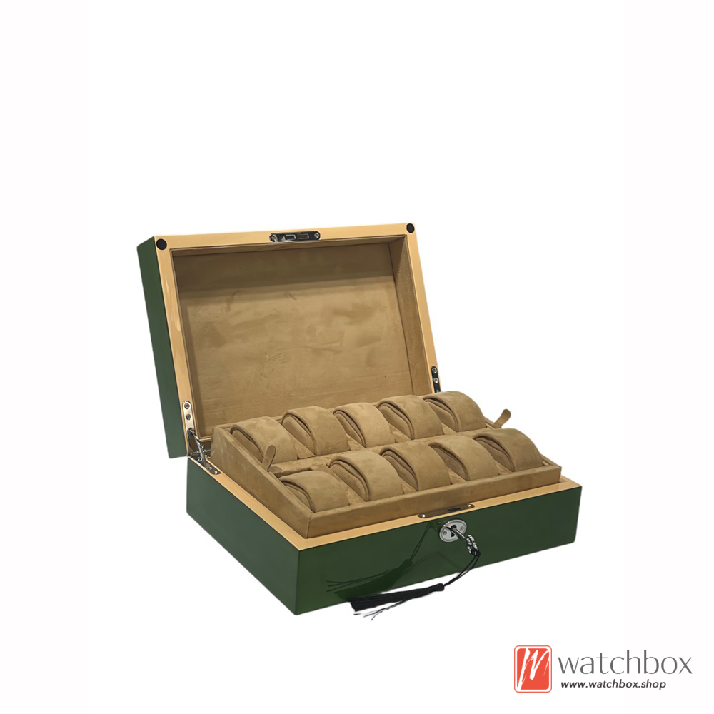 High-end Green Painted Wood 10 Grids Watch jewelry Case Storage Organizer Lock Gift Box
