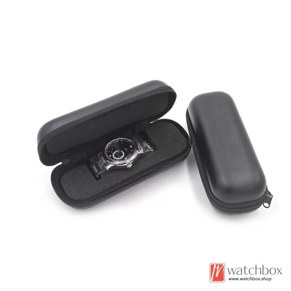 Portable Black PU Leather EVA Watch Accessories Case Strage Travel Zipper Box